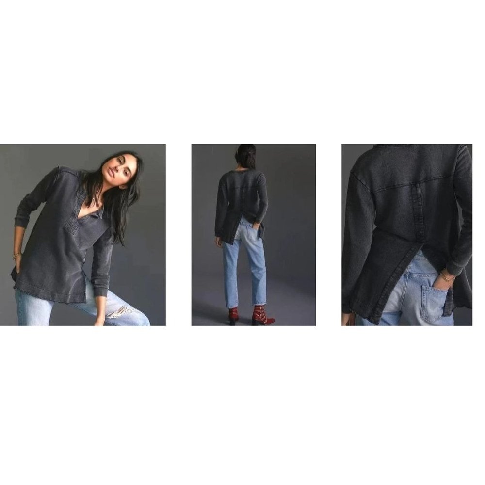 Anthropologie Pilcro Split Back Terry Top XS Extra Small Black Tunic Dis… - Picture 2 of 12
